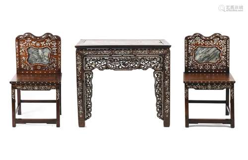 A pair of rosewood armchairs inlaid with marble and