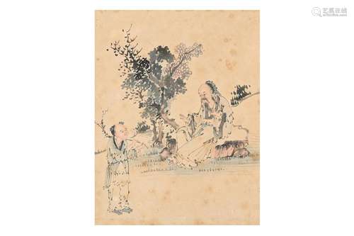 Figures in a landscape', unsigned, watercolour.<br />
H.