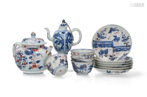 An Imari porcelain teapot and a set of five cups wi