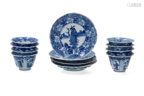 A set of eight blue and white porcelain cups with f