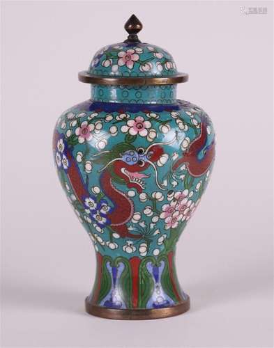 A green bronze cloisone lidded vase  decorated with  dragons...