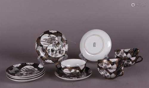 A set of (6+5) black painted cups and saucers. Japan, circa ...