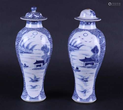 Two baluster-shaped porcelain vases with river landscape dec...
