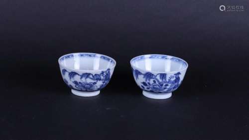 Two porcelain bowls with a landscape decor  and a standing s...