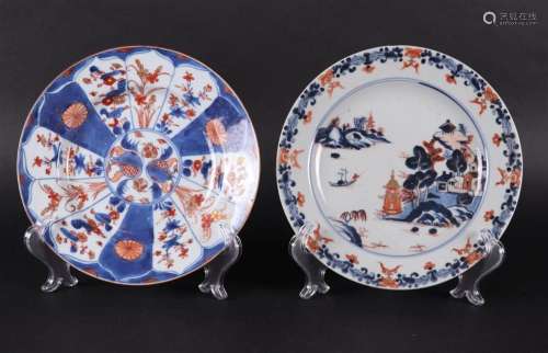Two porcelain Imari plates, one with lotus flower compartmen...