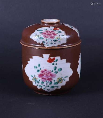 A porcelain famile rose & capuchin lidded pot. China, 18...