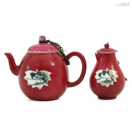 A Famille Rose Teapot and Creamer with Cover