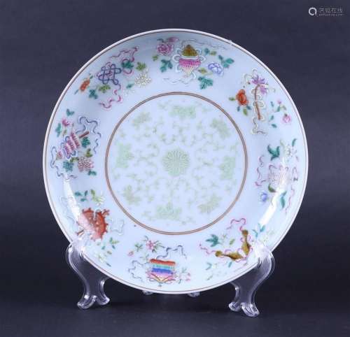 A porcelain famile rose dish with floral decor on the front ...
