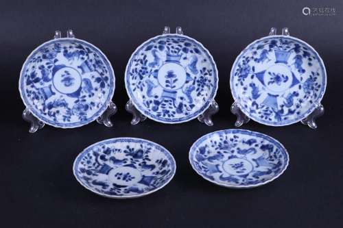 Five porcelain plates, ribbed model with decoration of two r...