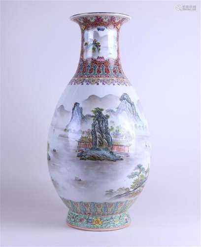 A large porcelain Famille Rose vase with landscape decor, ma...