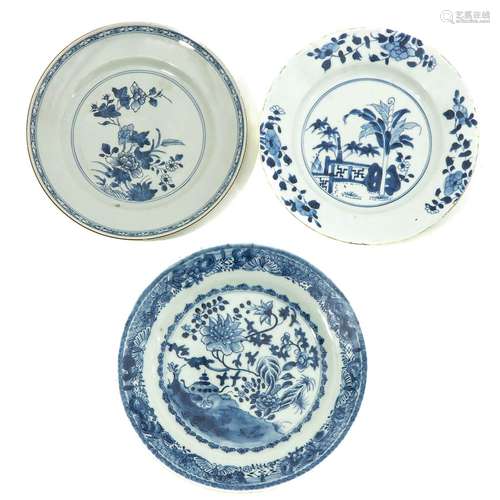 A Collection of 3 Blue and White Plates