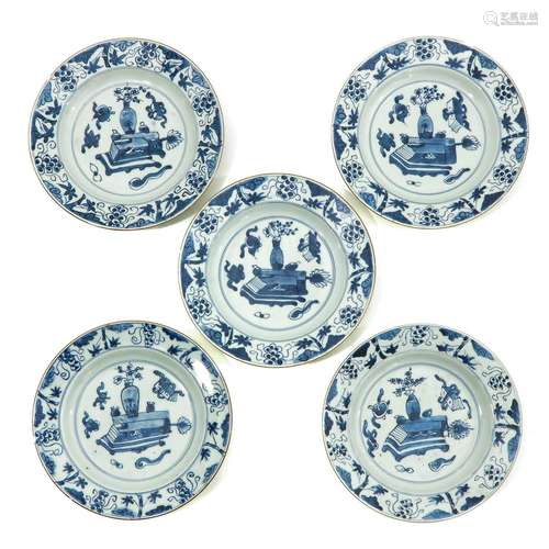 A Series of 5 Blue and White Plates