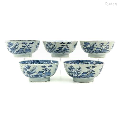 A Series of 5 Blue and White Bowls