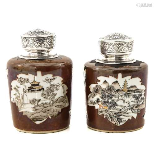 A Pair of Tea Boxes with Silver Tops