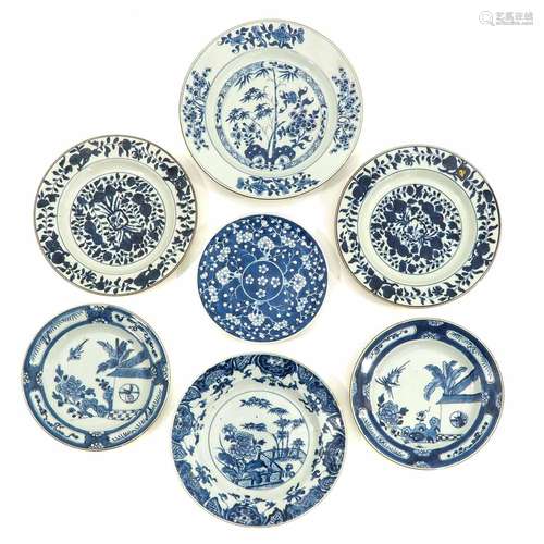 A Collection of 7 Blue and White Plates