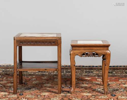 Two Chinese rectangular marble inset low tables or urn stand...