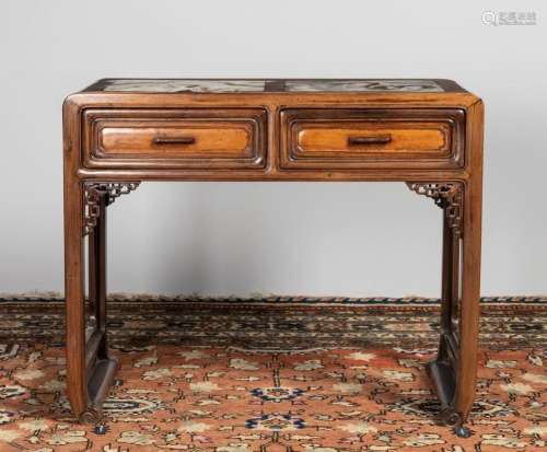 A Chinese hardwood table, 32 x 39 1/2 x 20 in. (81.3 x 100.3...