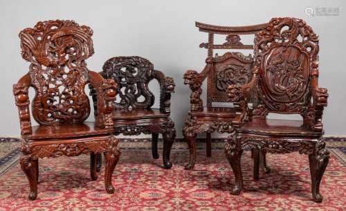 Three Chinese carved wood armchairs