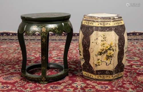 A Chinese green lacquered round stool, 18 x 15 1/2 in. (45.7...