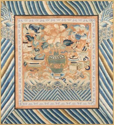 A Chinese Qing style silkwork panel, 17 1/4 x 15 1/2 in. (43...