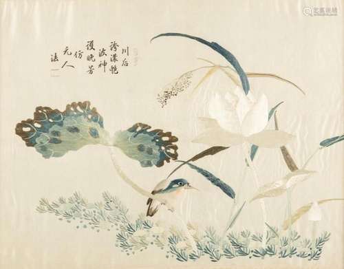 A Chinese framed silk embroidery depicting a hummingbird amo...