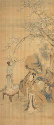 A Chinese watercolour on silk scroll painting, 29 1/2 x 12 3...