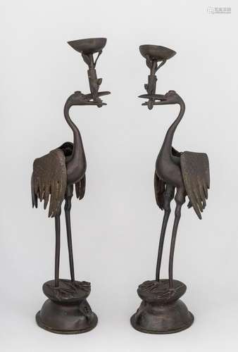 A pair of 19th century bronze Manchurian cranes. 17 1/4 in. ...