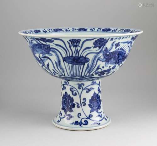 A Chinese blue and white Ming style pedestal bowl decorated ...