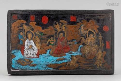 A Chinese painted and engraved ink block, 7/8 x 8 5/8 x 5 1/...