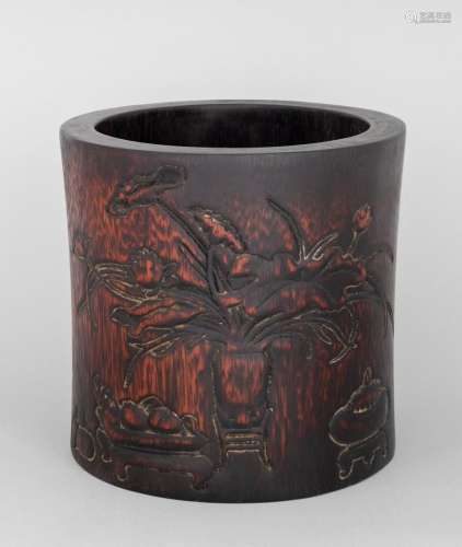 A Chinese hardwood carved scholar brush pot. 7 1/2 in. (19.1...