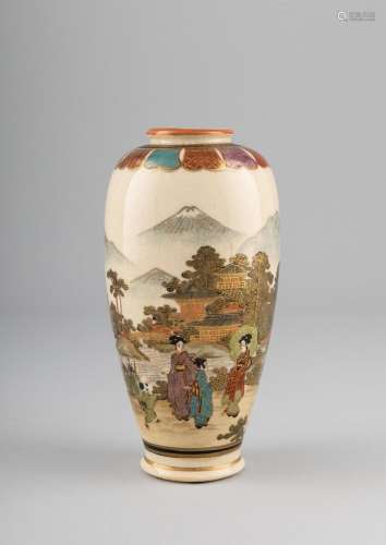 A Japanese Satsuma pottery vase decorated with bijin below M...