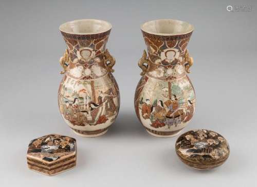 A pair of Japanese Satsuma vases, vases: 9 1/4 in. (23.5 cm....