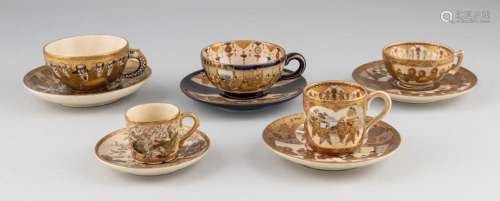 Five Satsuma pottery cups and saucers.