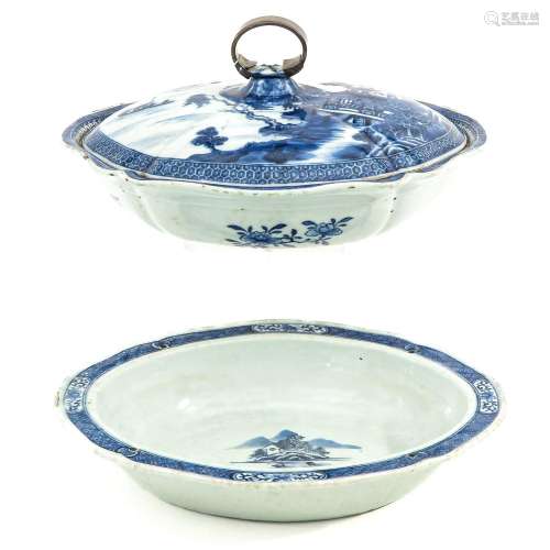 A Blue and White Tureen and Bowl