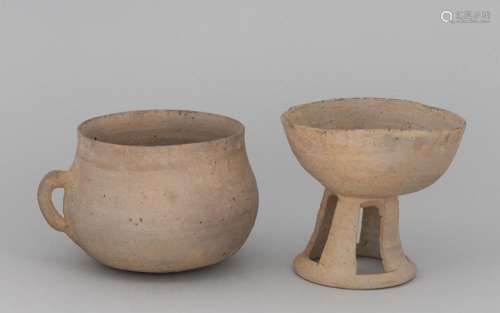 Two Korean light grey glazed tomb vessels, 3 3/4 in. (9.5 cm...