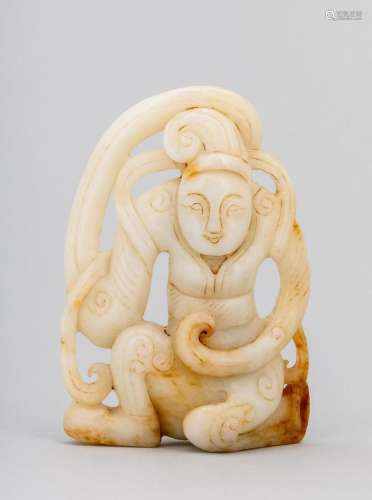 A Chinese off white and russet jadeite carving of a kneeling...