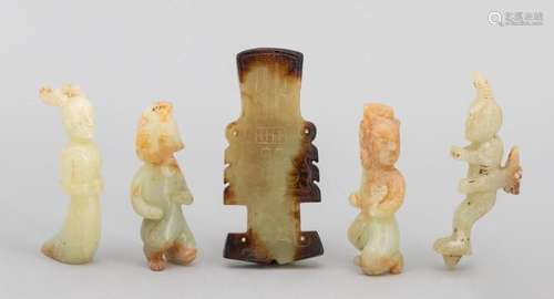 Five Chinese light celadon jadeite figures including demons ...