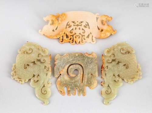 A pair of Chinese light celadon jadeite plaques in the form ...