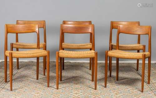 A set of six J. L. Moller model 77 teak dining chairs.
