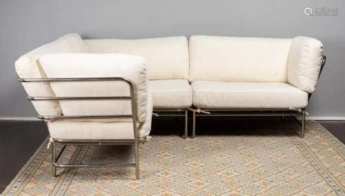 A three piece Richard Frinier chrome framed sectional couch,...