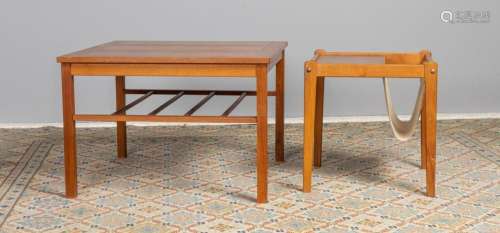 A teak mid-century modern square coffee table, magazine rack...