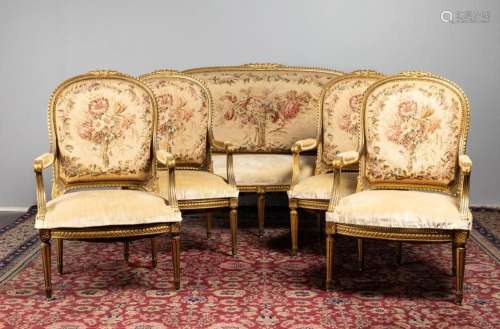 A Louis XV style gilded canape together with a set of four m...