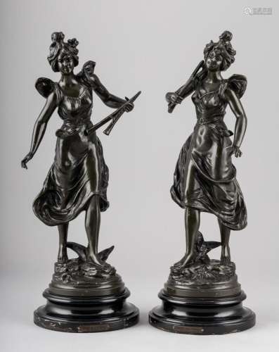 A pair of spelter sculptures, Emile Guillemin, Height includ...