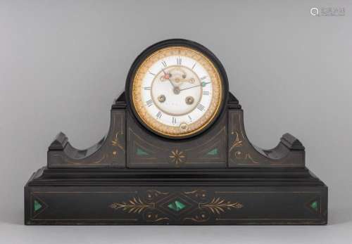 A Victorian black marble and onyx inlaid mantle clock, 10 3/...