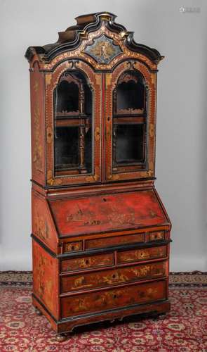 A George II red and gold japanned secretaire bookcase, 99 3/...