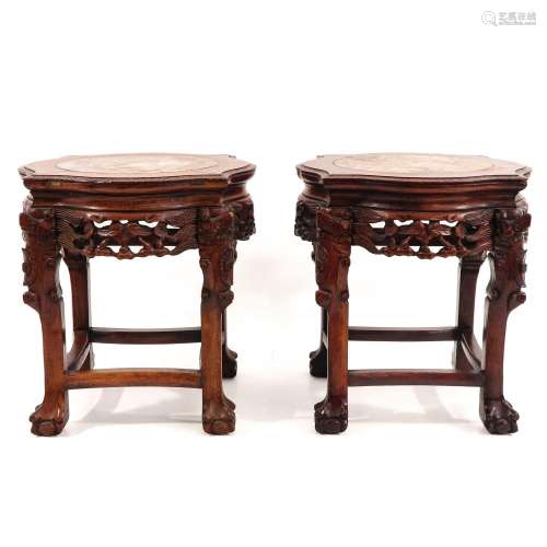 A Pair of Carved Wood Marble Top Side Tables