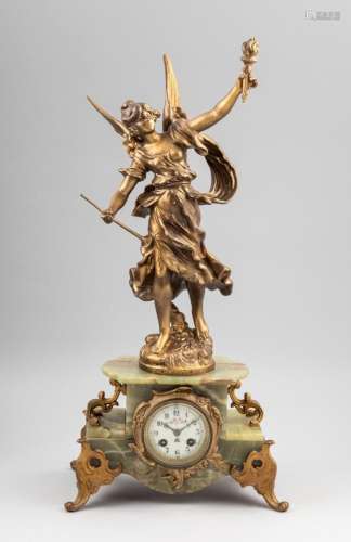 An onyx clock with a gilt spelter figure of an angel, 25 1/2...