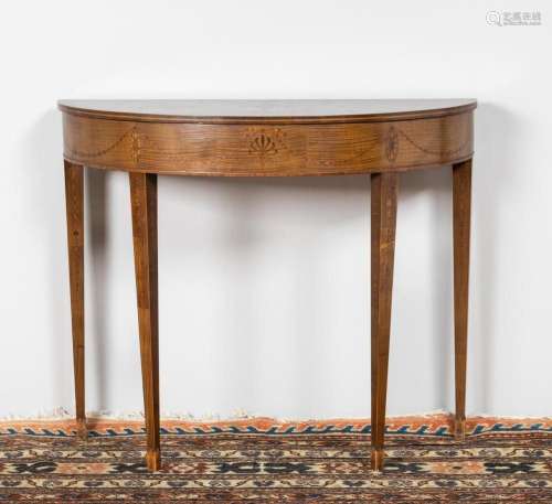 A Neo-classical satinwood and inlaid demi-lune table. 38 1/2...