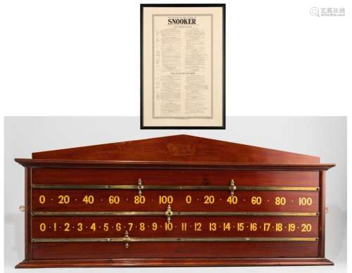 A mahogany wall mounted billiards scoreboard and framed set ...