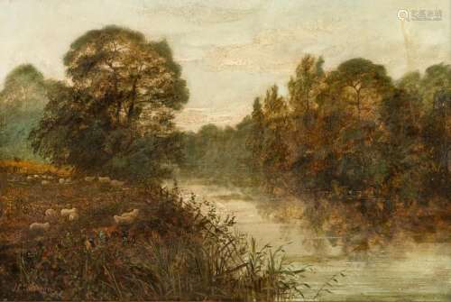 J.C. Salmon, Sheep by a River, oil on board, 11 3/4 x 17 1/2...